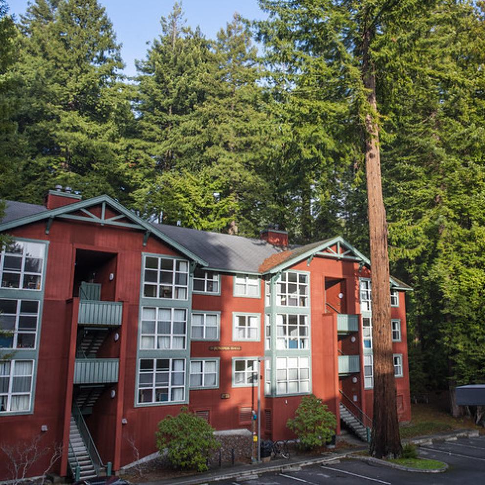 outside of the residence hall in front of the redwoods
