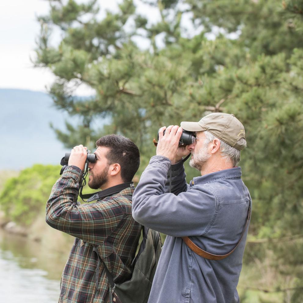 student and professor at the marsh looking through binoculars 