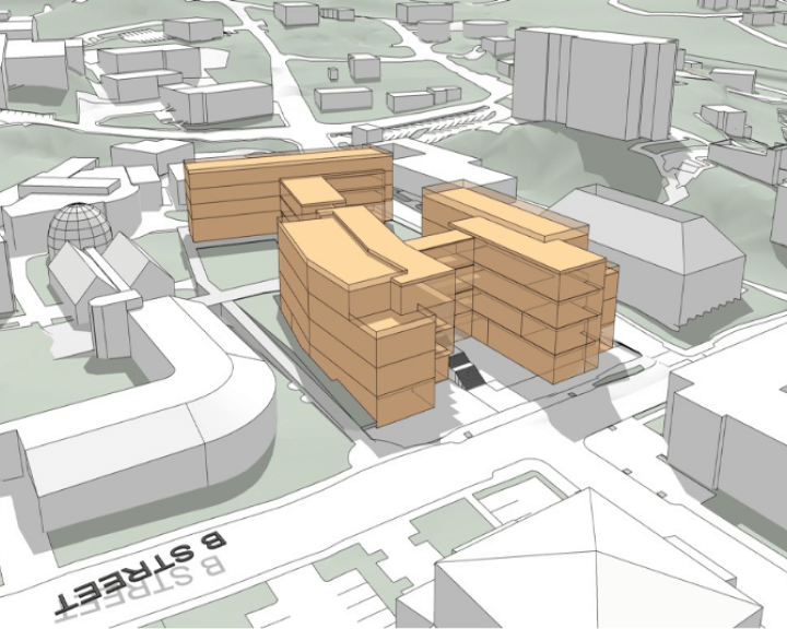 rendering of the new engineering tech building on B street