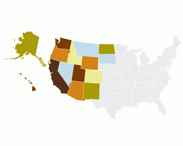 graphic of the USA with the western states colored in different colors