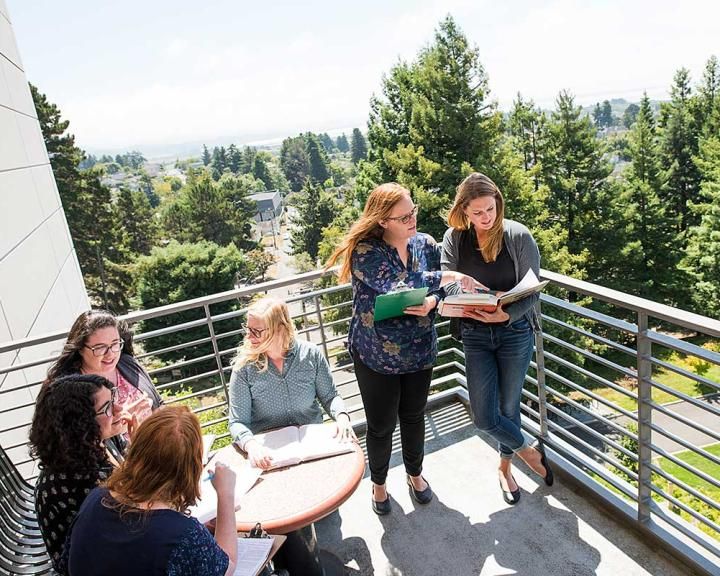 Students comparing notes on balcony