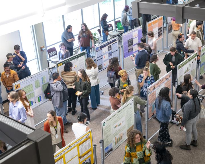 IdeaFest 2026 looking down at the second floor, many students and poster presentations