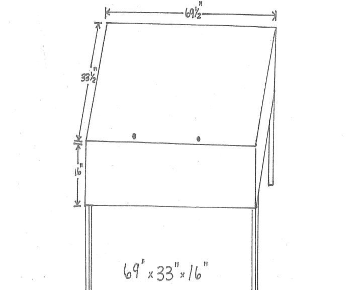 Diagram showing dimensions of the Library's horizontal display case. The display area measures approximately 69 inches wide by 33.5 inches deep and 16 inches high.