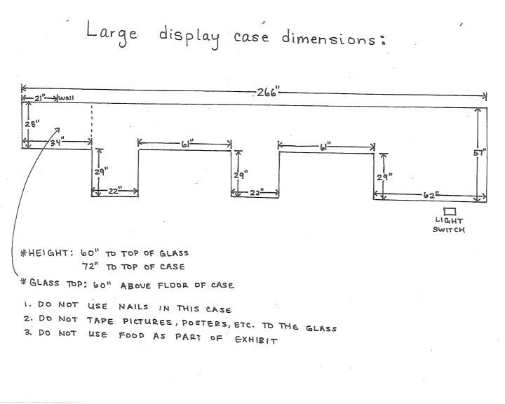 Diagram showing the dimensions of the Library's large display case. The case is 266 inches long, 57 inches deep at its widest point, with three recessed sections. Detailed dimensions are provided in the accompanying text.