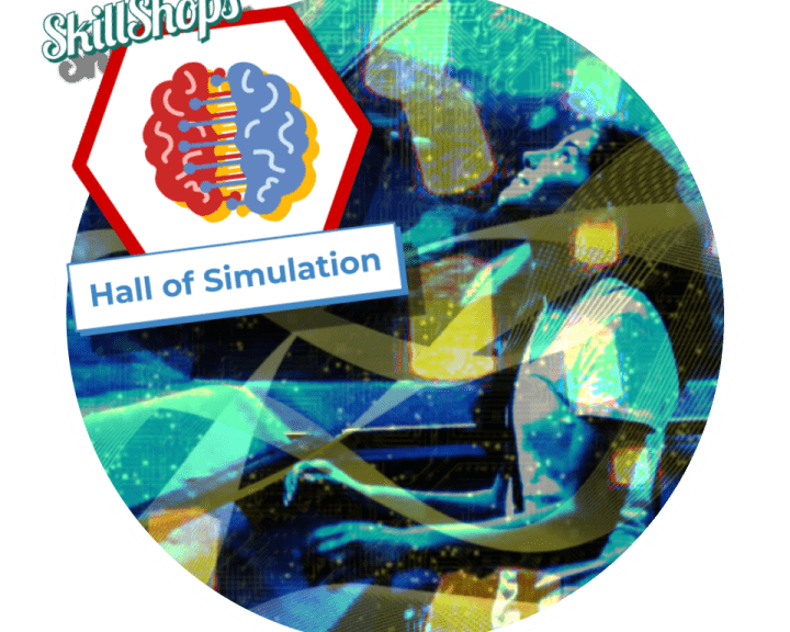 A colorful badge with a stylized left and right brain connected to each other