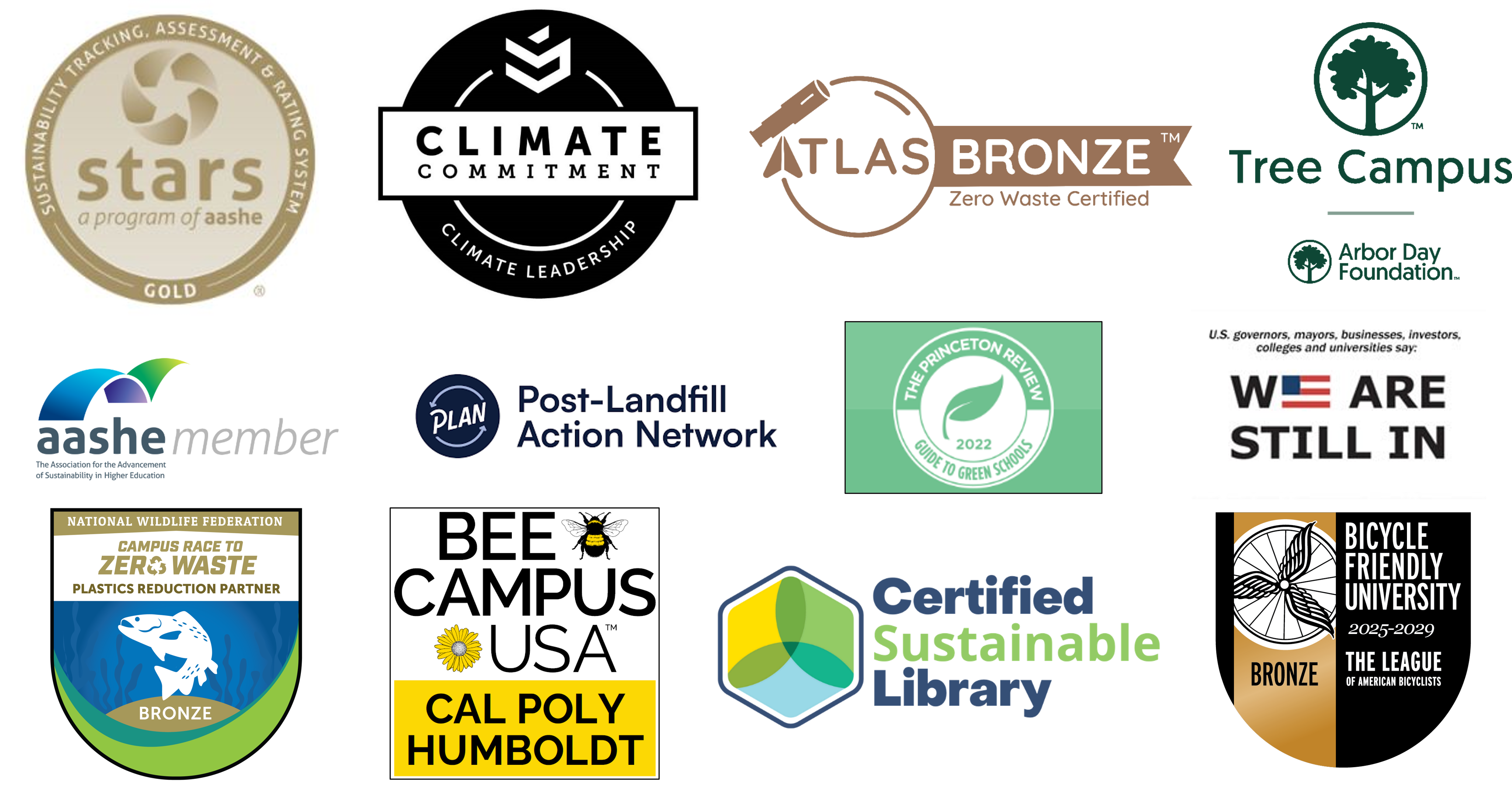 Badges and logos identifying the university's sustainability recognition and commitments. Click on the links below to learn more about these Points of Pride