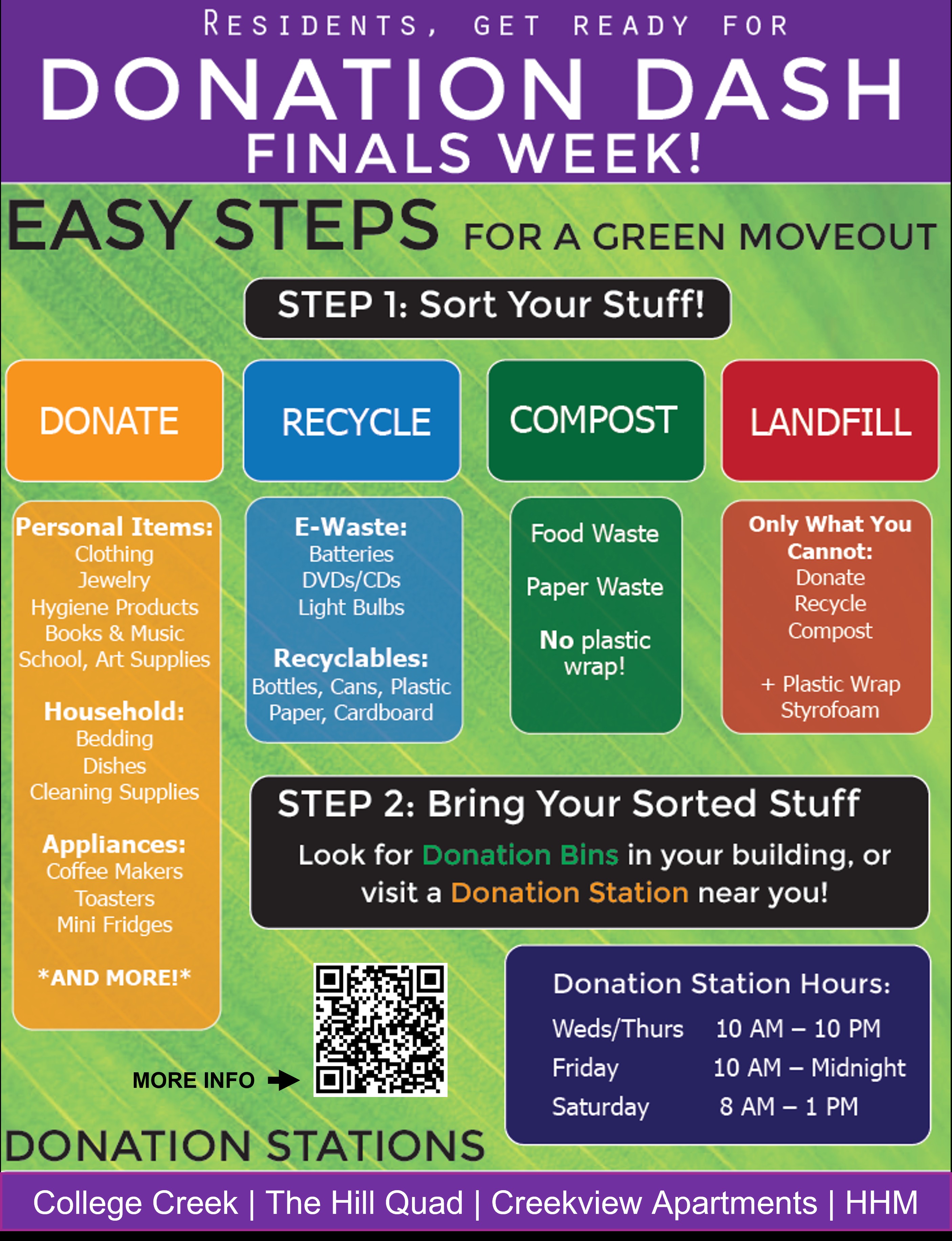 Flyer for Donation Dash, the annual event to reduce waste and help the community with donations during move-out