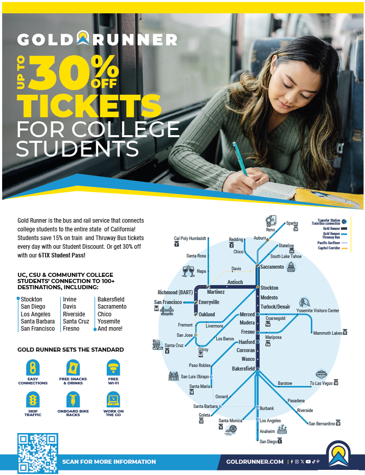Flyer for the Amtrak Gold Runner Thruway Bus Service. Students can get up to 30% off on tickets. Buses serve Cal Poly Humboldt and cities across California