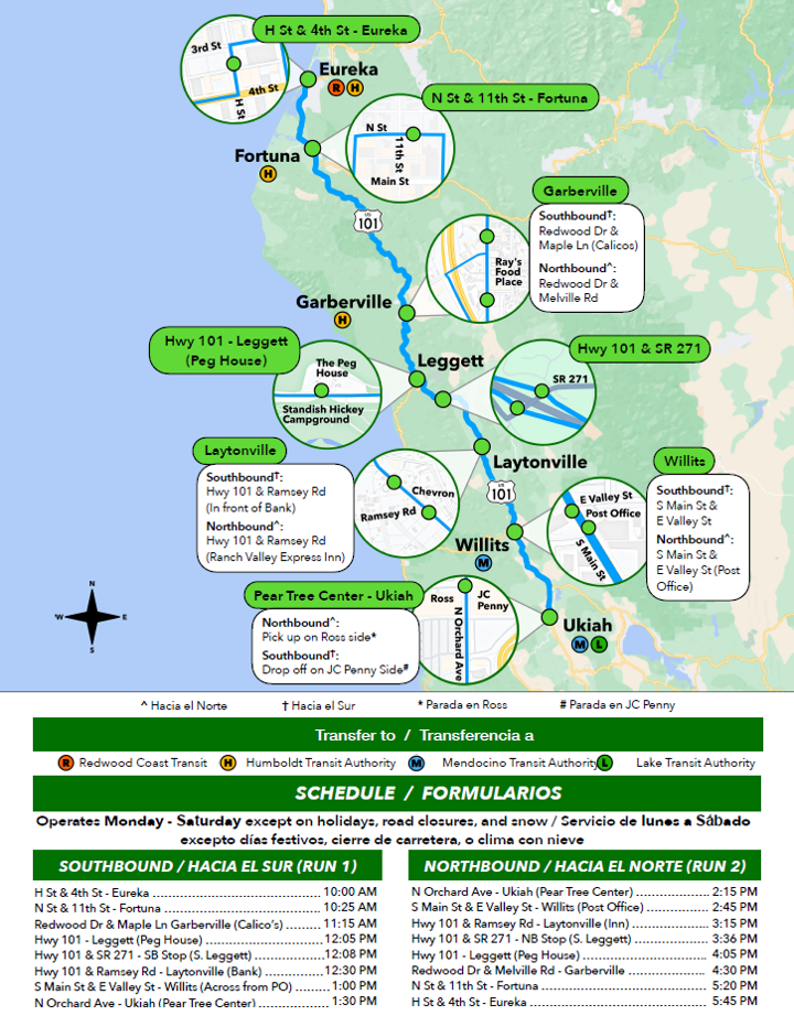 Map showing the route for the North State Express bus between Eureka, CA and Ukiah, CA