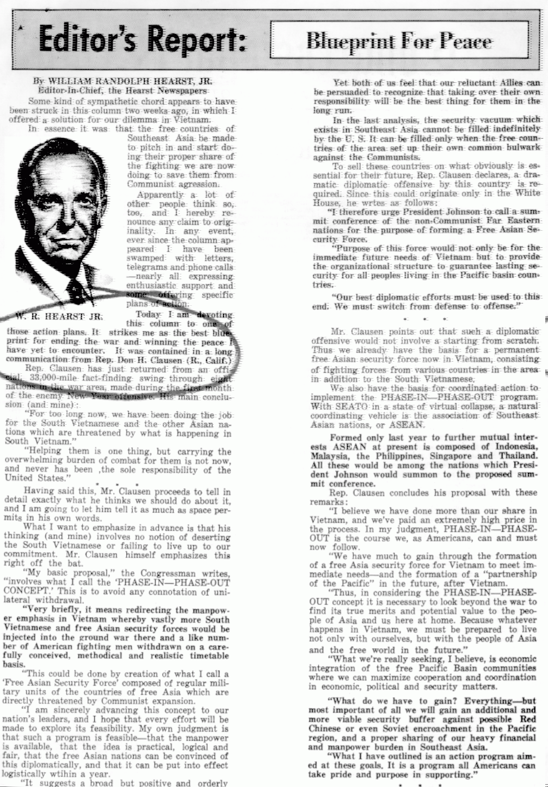 Editor's Report newspaper column on the Blueprint for Peace