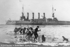 black and white image of US Milwaukee on Samoa beach